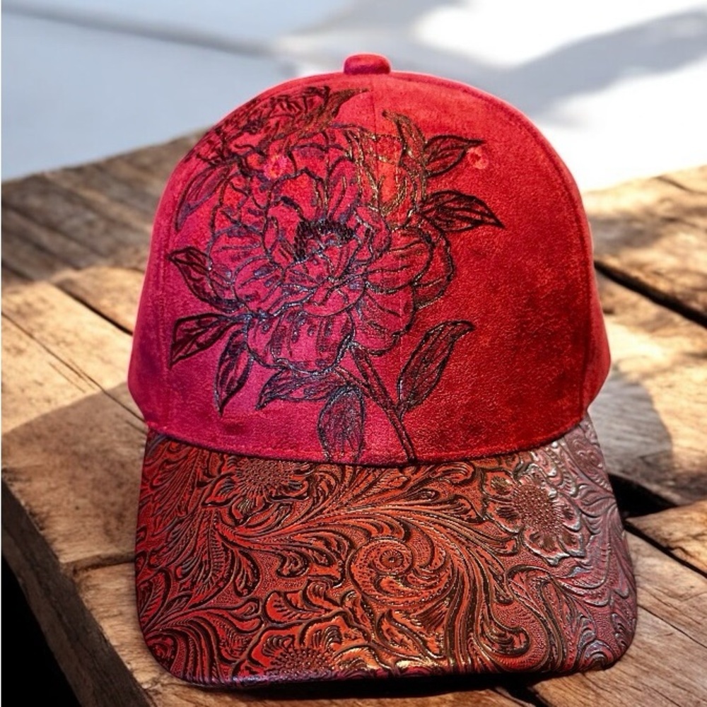 Red Floral Cap with Embossed Brim